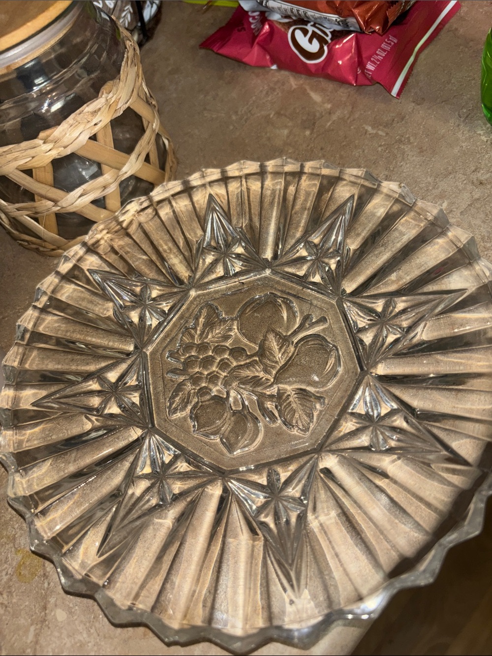 Clear Glass Pressed Fruit Pattern Serving Plate - Clear